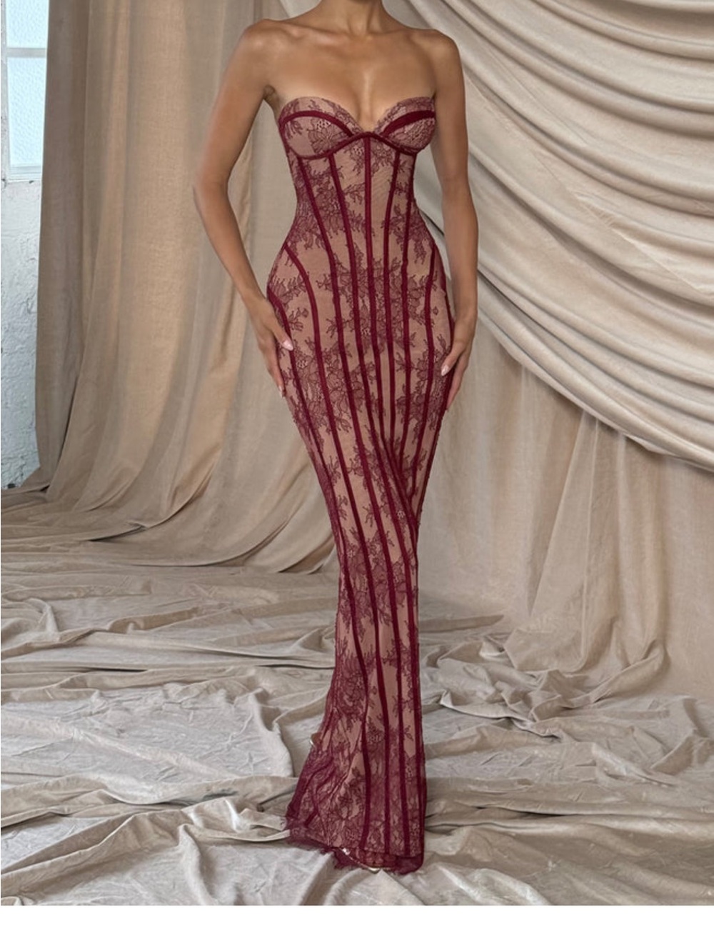 BABYBOO Sian Strapless Burgundy Lace Gown